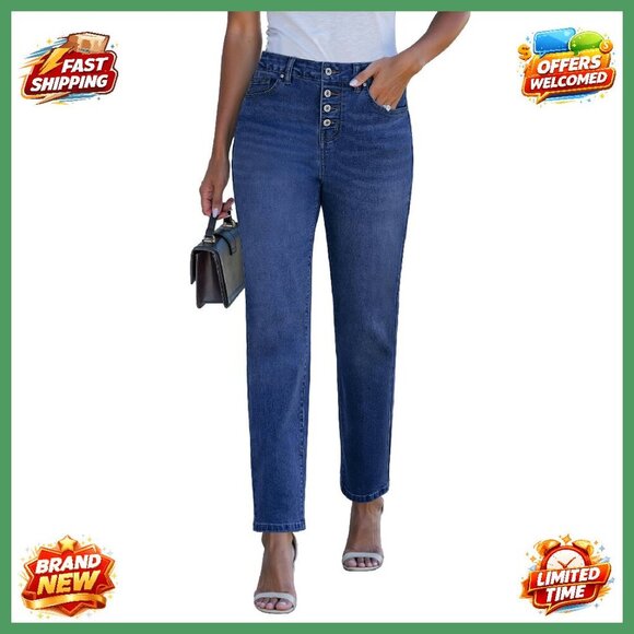 High Waisted Straight Leg Jeans Stretchy Denim Pants Button Fly